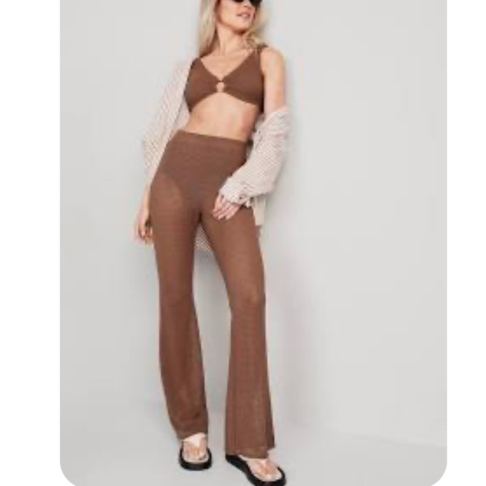 Brown Textured Bikini Set with high waisted crochetFlate cover up panta